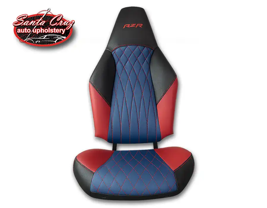 Custom reupholstered Polaris RZR seat completed by a family-owned Phoenix auto upholstery shop.